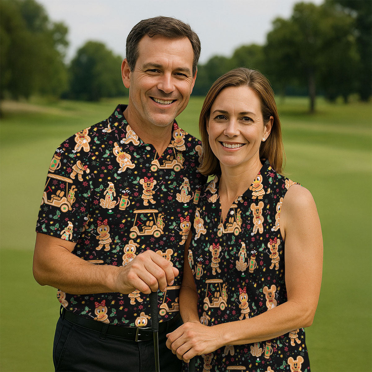 Cartoon Gingerbread Black Golf Shirt, Christmas Golf Shirt, Ladies Golf Shirts, Women's Polo Shirt