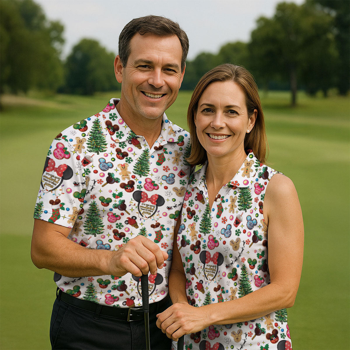 Christmas Cute Pattern Women Golf Top, Cartoon Print Ladies Golf Polos, Christmas Golf Shirt, Golfing Apparel