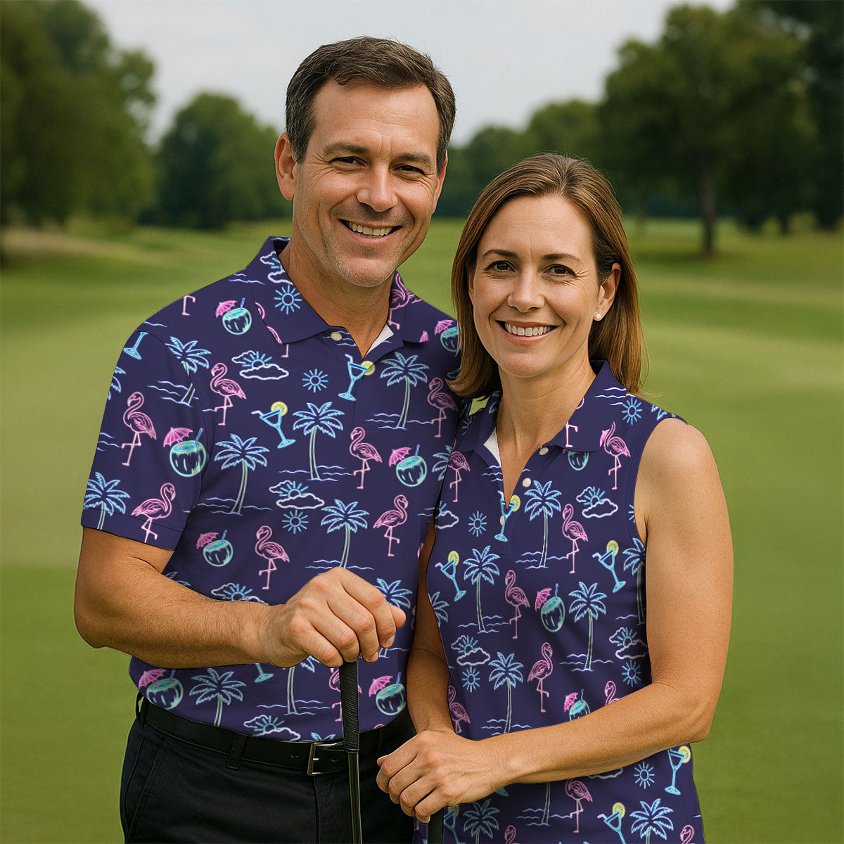 Neon Line Tropical Flamingo Hawaiian Golf Shirt, Polo Shirtor Men, Golfing Apparel