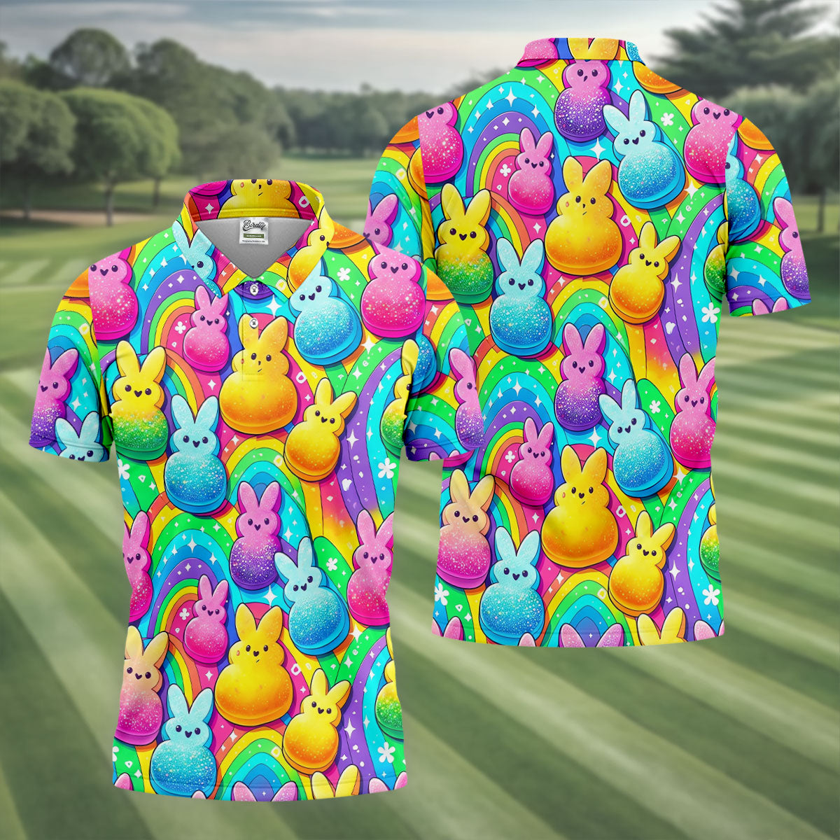 Colorful Easter Peeps Rainbow Pattern Golf Shirts For Men, Cute Golf Outfit, Polo ShirtFor Men