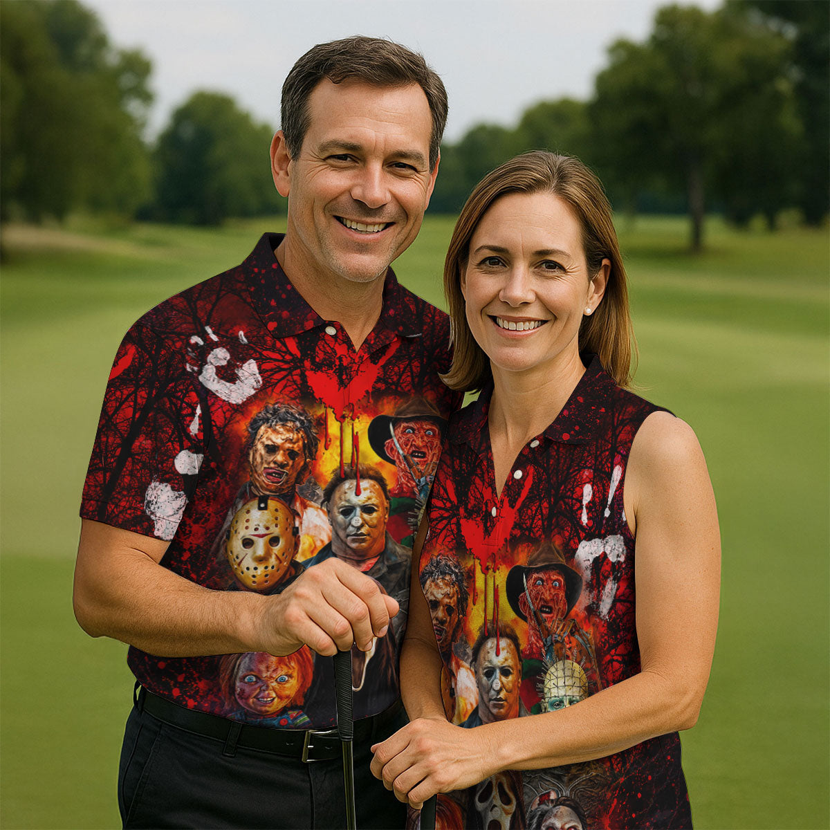 Halloween Horror Character Hawaiian Golf Shirt, Men's Golf Shirt, Golf Shirts For Men