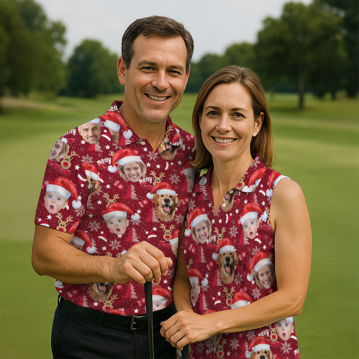 Custom Red Nose Reindeer Merry Xmas Red Golf Shirt, Christmas Golf Shirt, Polo ShirtFor Men, Golf Gift For Men