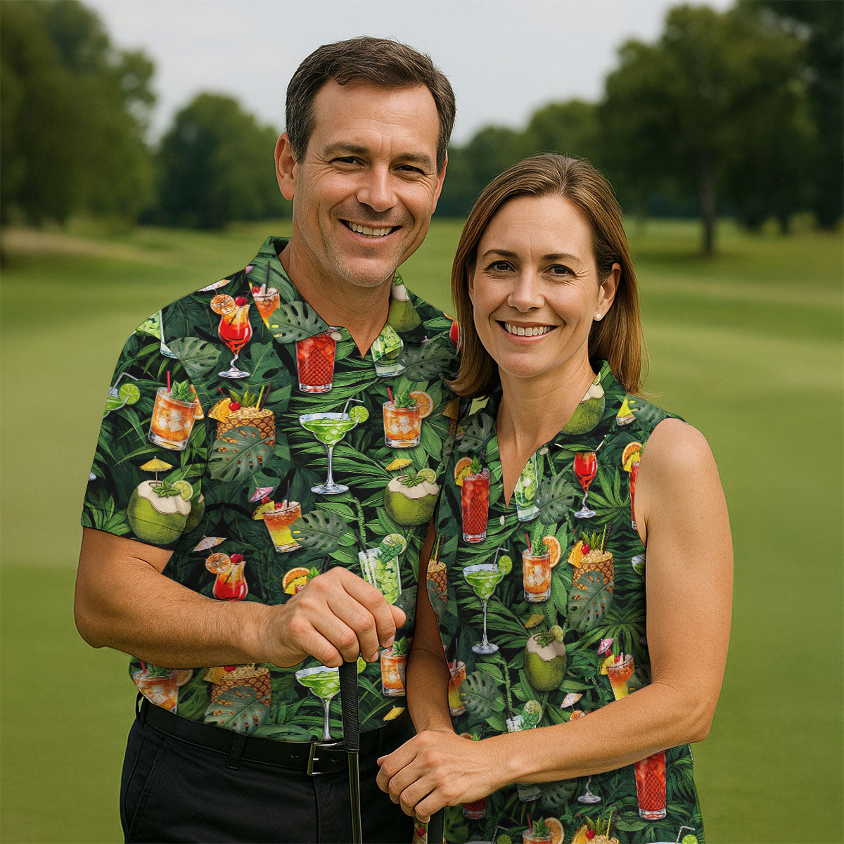 Tropical Cocktail Coconut And Palm Leaf Golf Polo, Hawaiian Golf Shirt, Golf Polo For Women