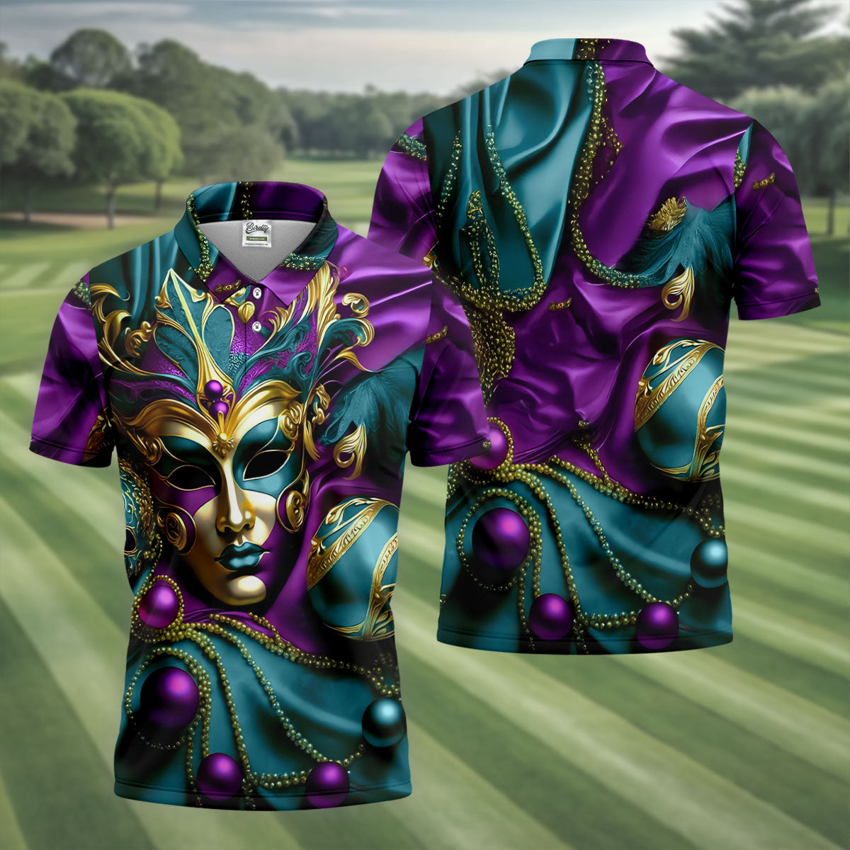 Mardi Gras Face Mask Turquoise Golf Shirt, Polo ShirtFor Men, Golf Shirts For Men, Polo For Men