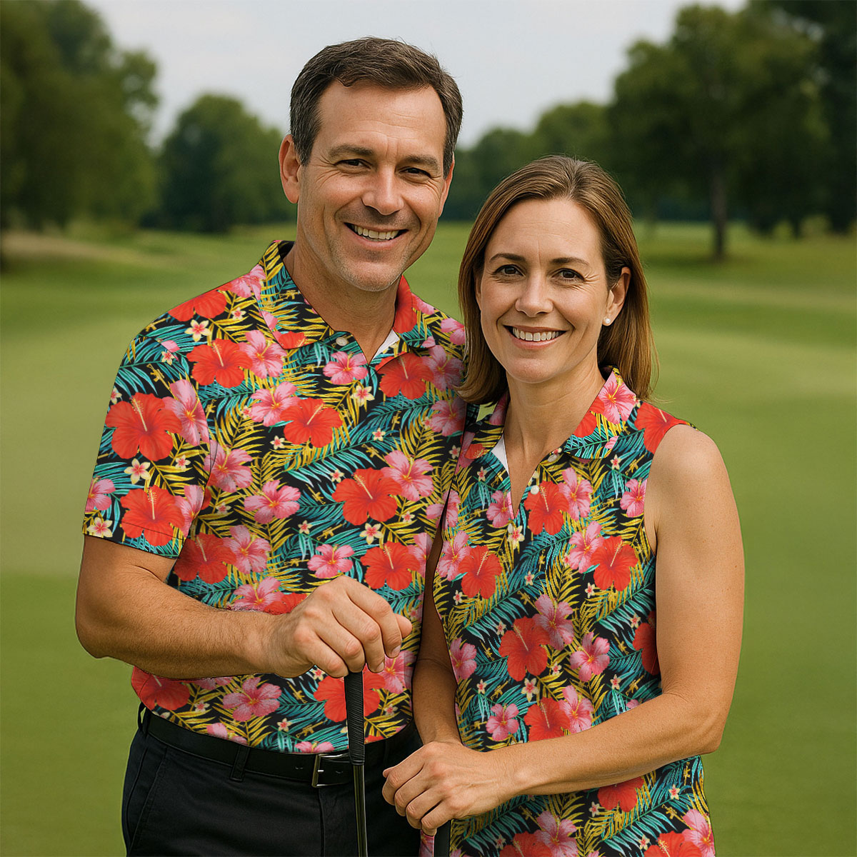 Red Hibicus Gold Palm Leaf Hawaiian Golf Shirt, Summer Theme Golf Shirt For Women
