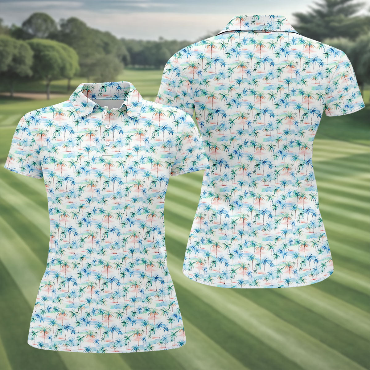 Watercolor Palm Tree Hawaiian Golf Shirt, Summer Vibe Women's Golf Tops, Ladies Golf Shirts