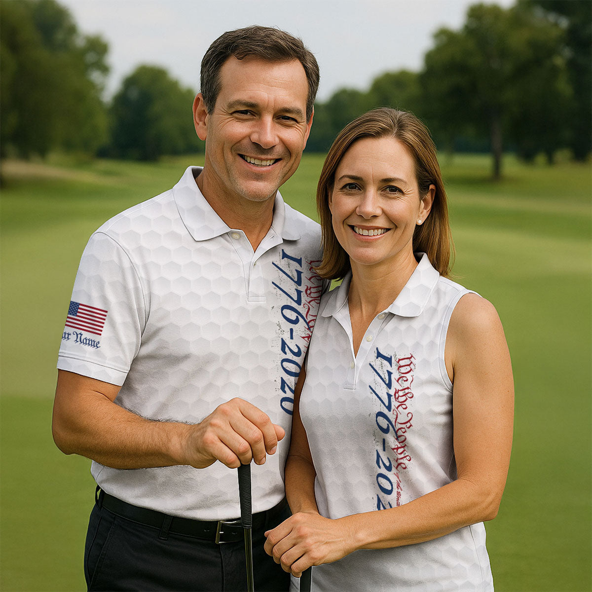 We The People Distressed American Flag White Golf Shirt, 250 Years Patriotic 4th Of July Golf Shirts For Men