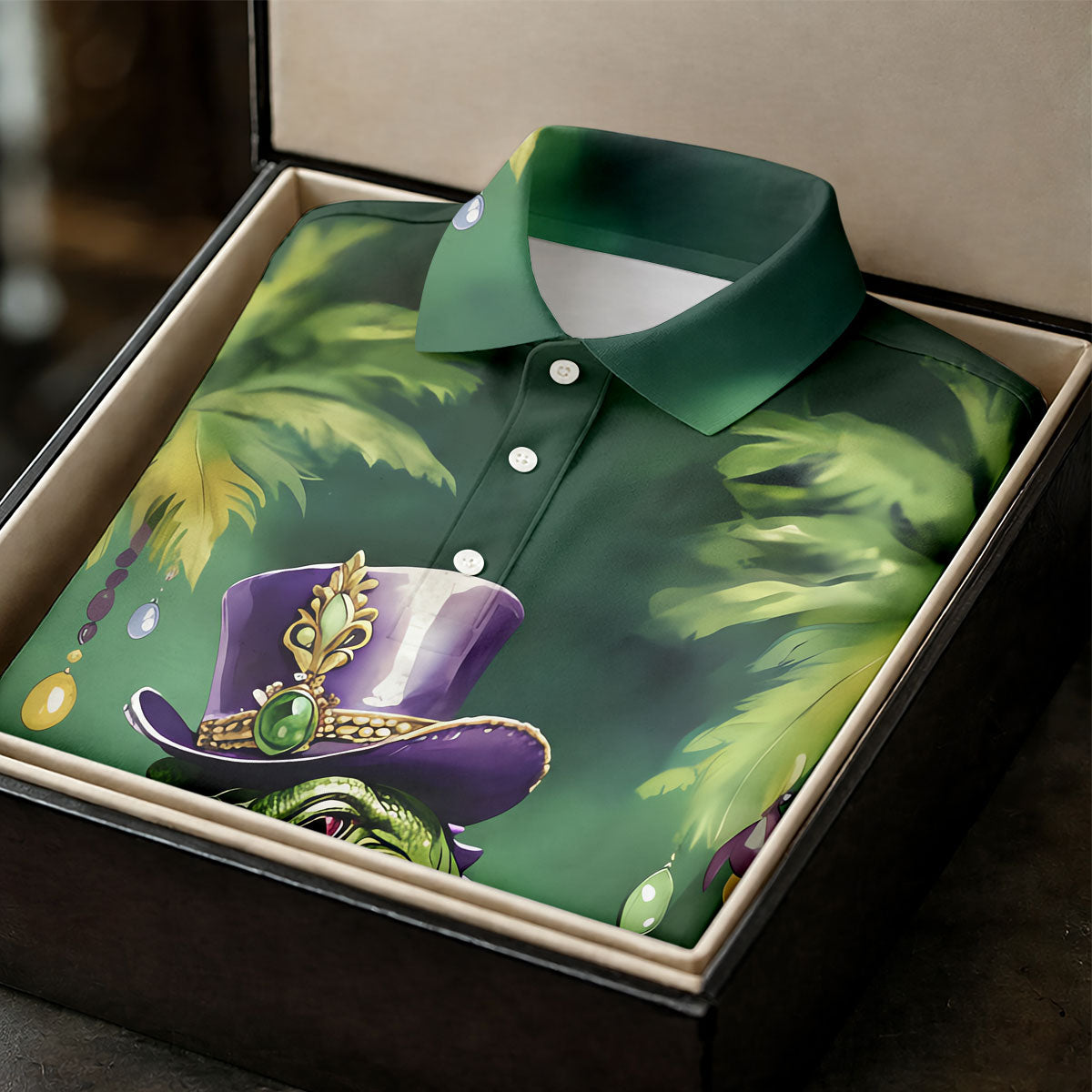 Mardi Gras Alligator Decorated Palm Tree Print Golf Shirt, Women's Golf Tops, Ladies Golf Shirt