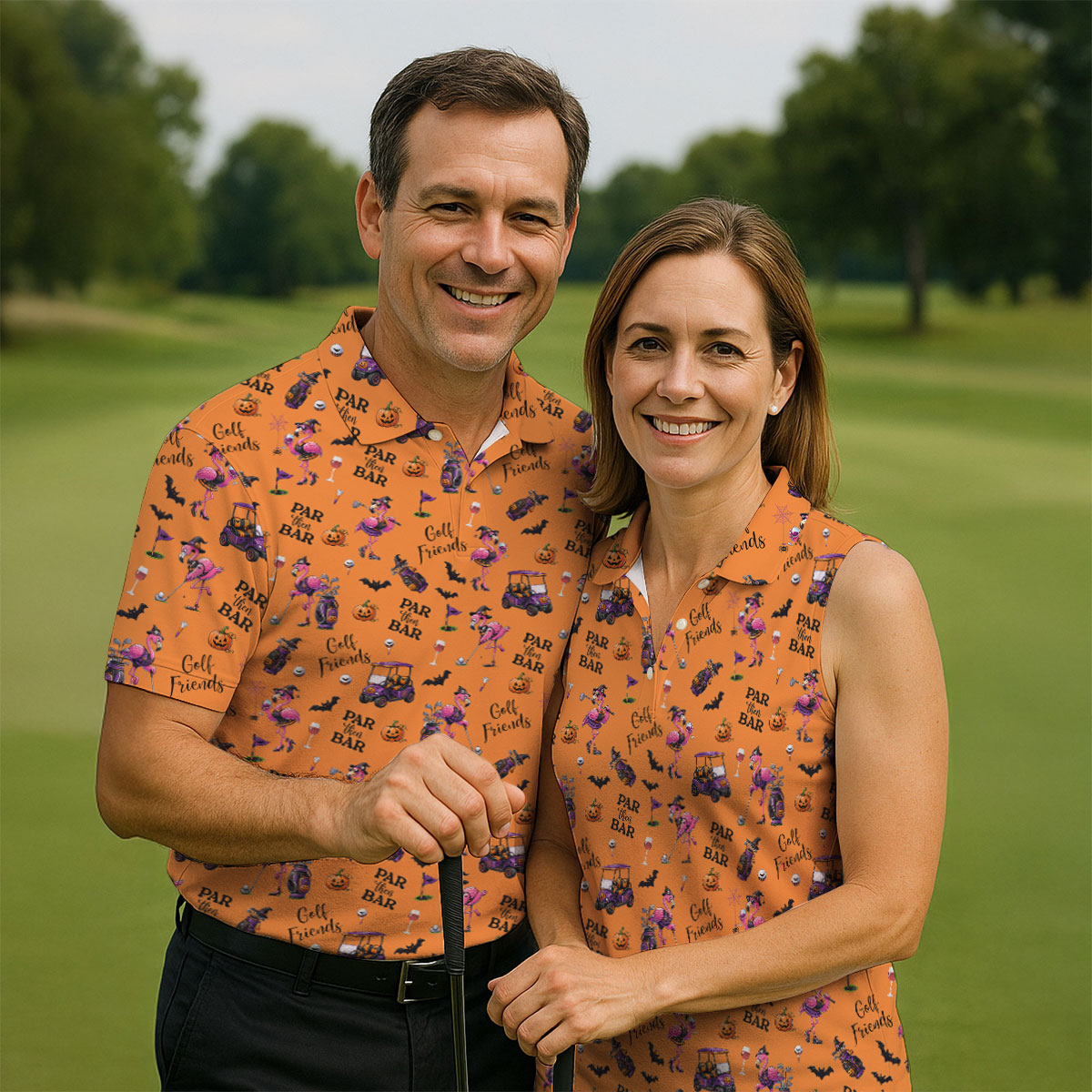 Orange Par Then Bar Flamingo Halloween Shirt, Golf Polo Shirts For Men, Printed Golf Shirts