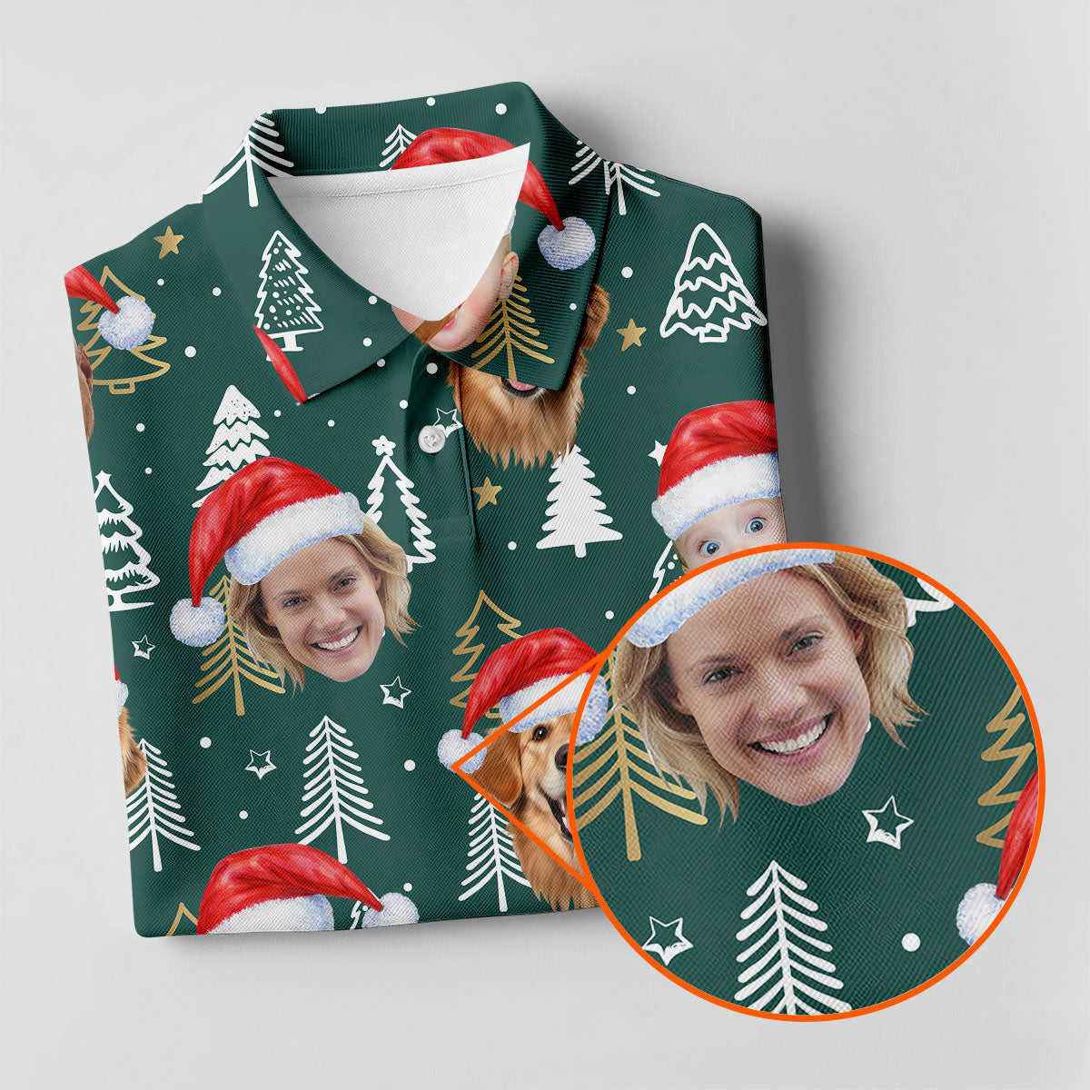 Custom Face Pine Tree Pattern Dark Green Christmas Golf Shirt, Ladies Golf Shirts, Golf Gifts For Women