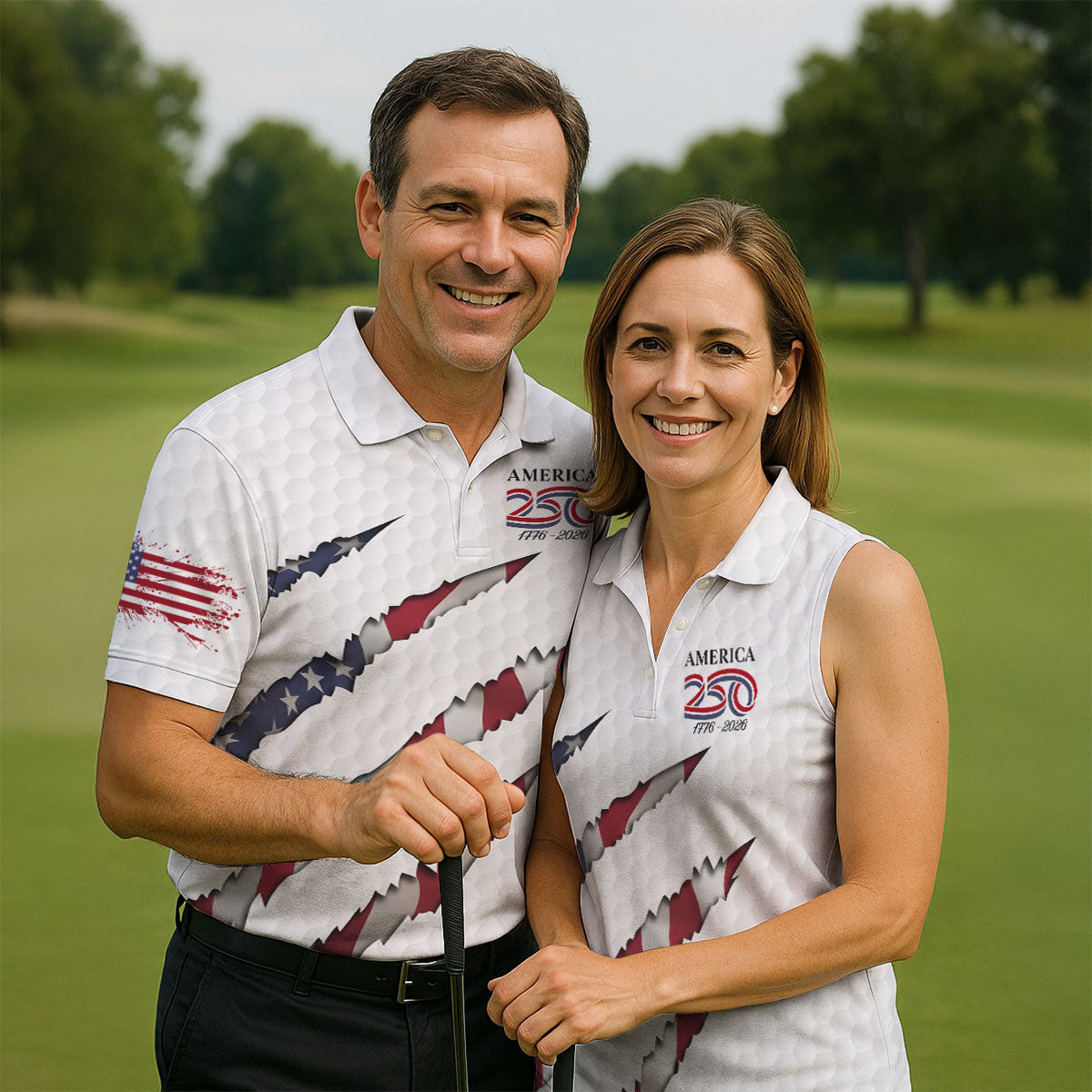 America 250 1776-2026 Scratched Flag Golf Ball Pattern White Golf Shirt, Patriotic 4th Of July Golf Shirts For Men