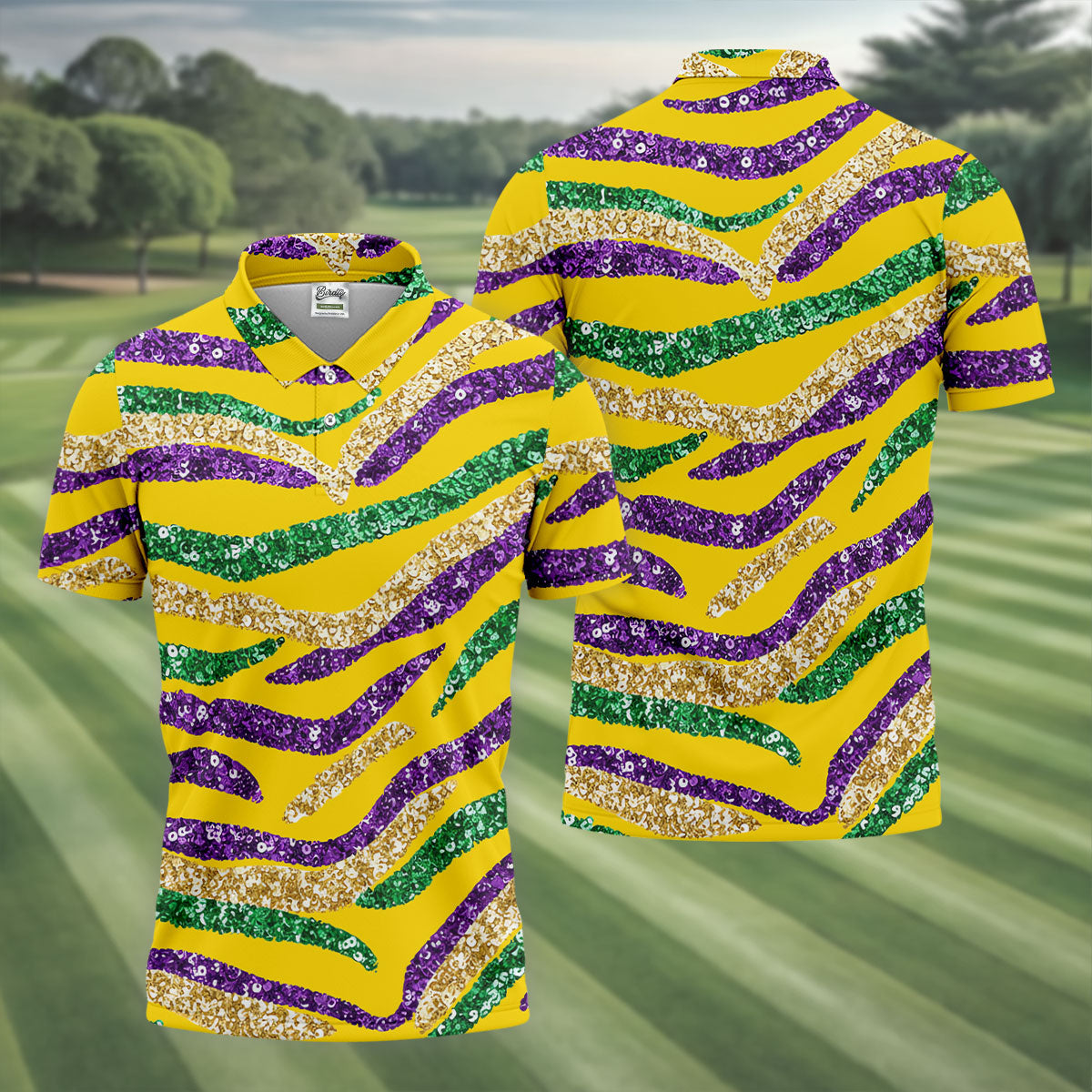 Purple Green Gold Sequin Pattern Yellow Golf Shirt, Mardi Gras Golf Shirt, Polo ShirtFor Men