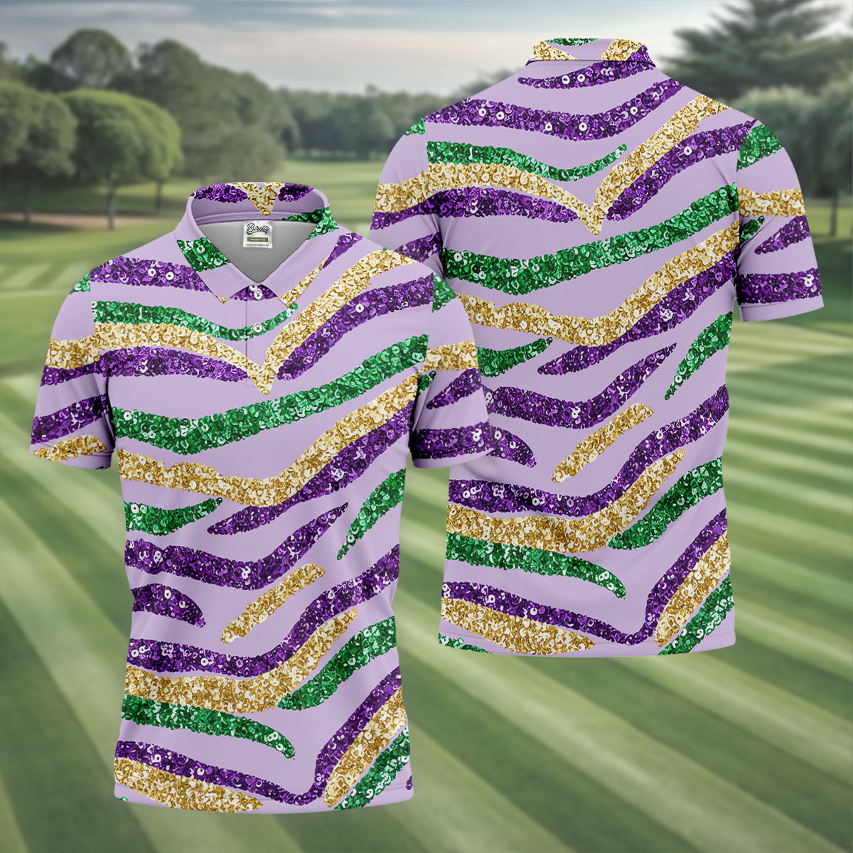 Purple Green Gold Sequin Pattern Light Purple Mardi Gras Golf Shirt, Polo ShirtFor Men, Golf Shirts For Men