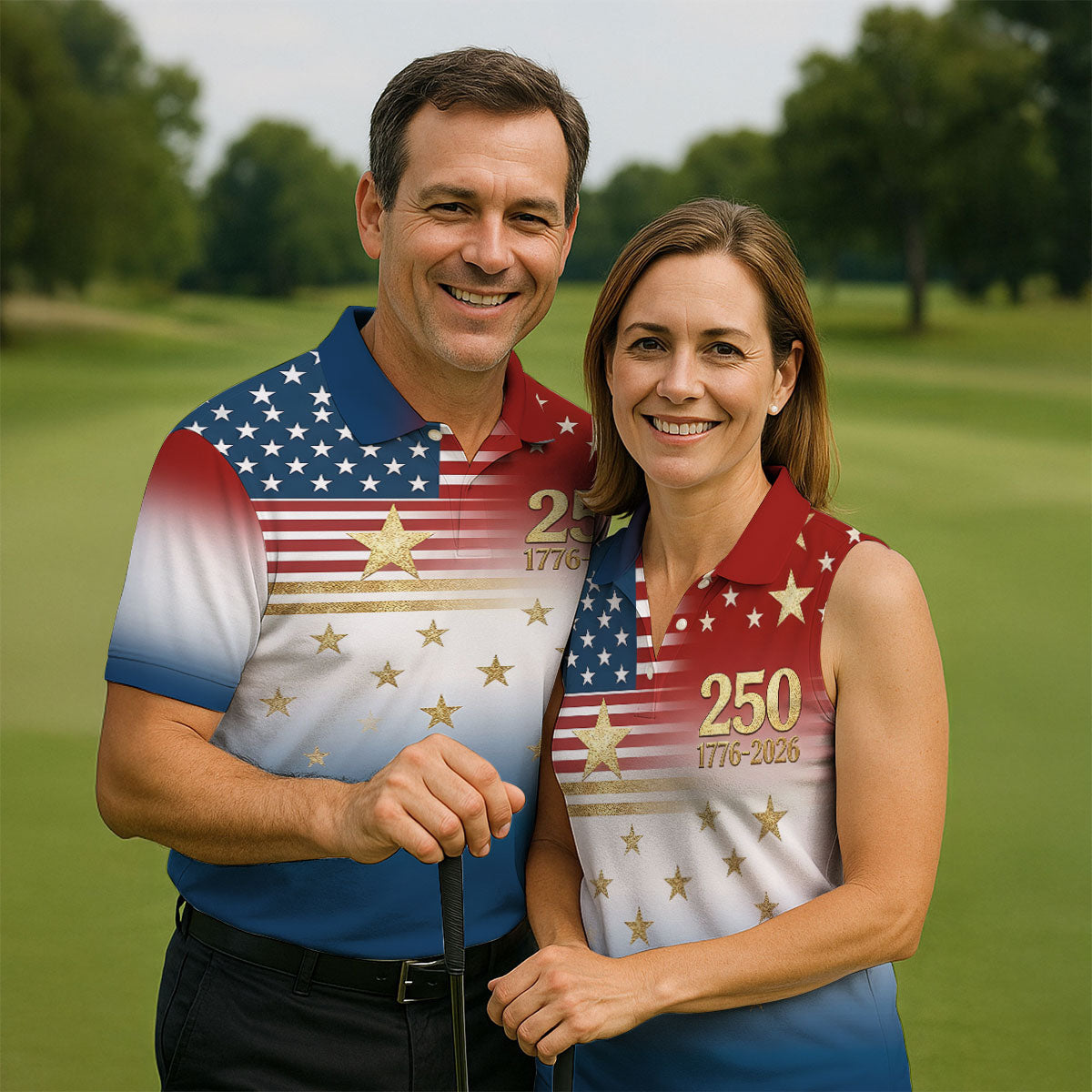 250 Years 1776-2026 Golden Star Golf Shirts For Men, Patriotic 4th Of July Polo ShirtFor Men