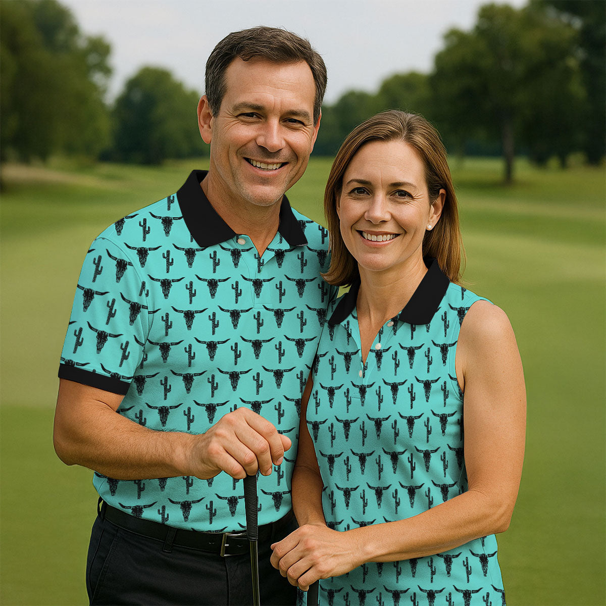 Longhorn Cow Skull Western Theme Peacock Blue Golf Tops For Men, Polo Shirtor Men, Golf Shirts For Men