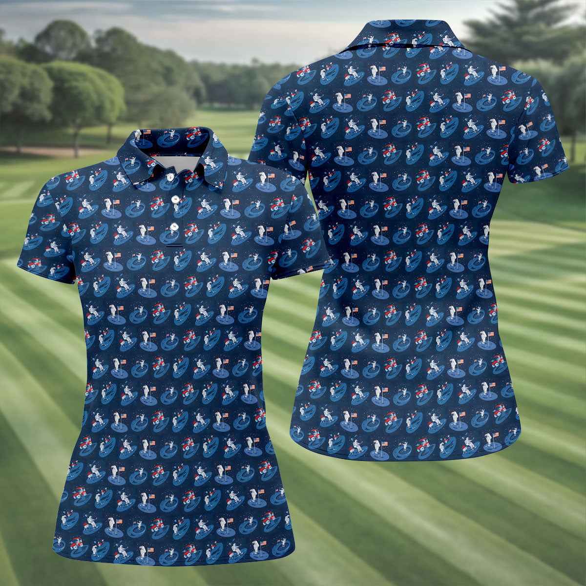 One Small Putt For Man Astronaut Golf US Flag Women's Golf Tops, Ladies Golf Shirt
