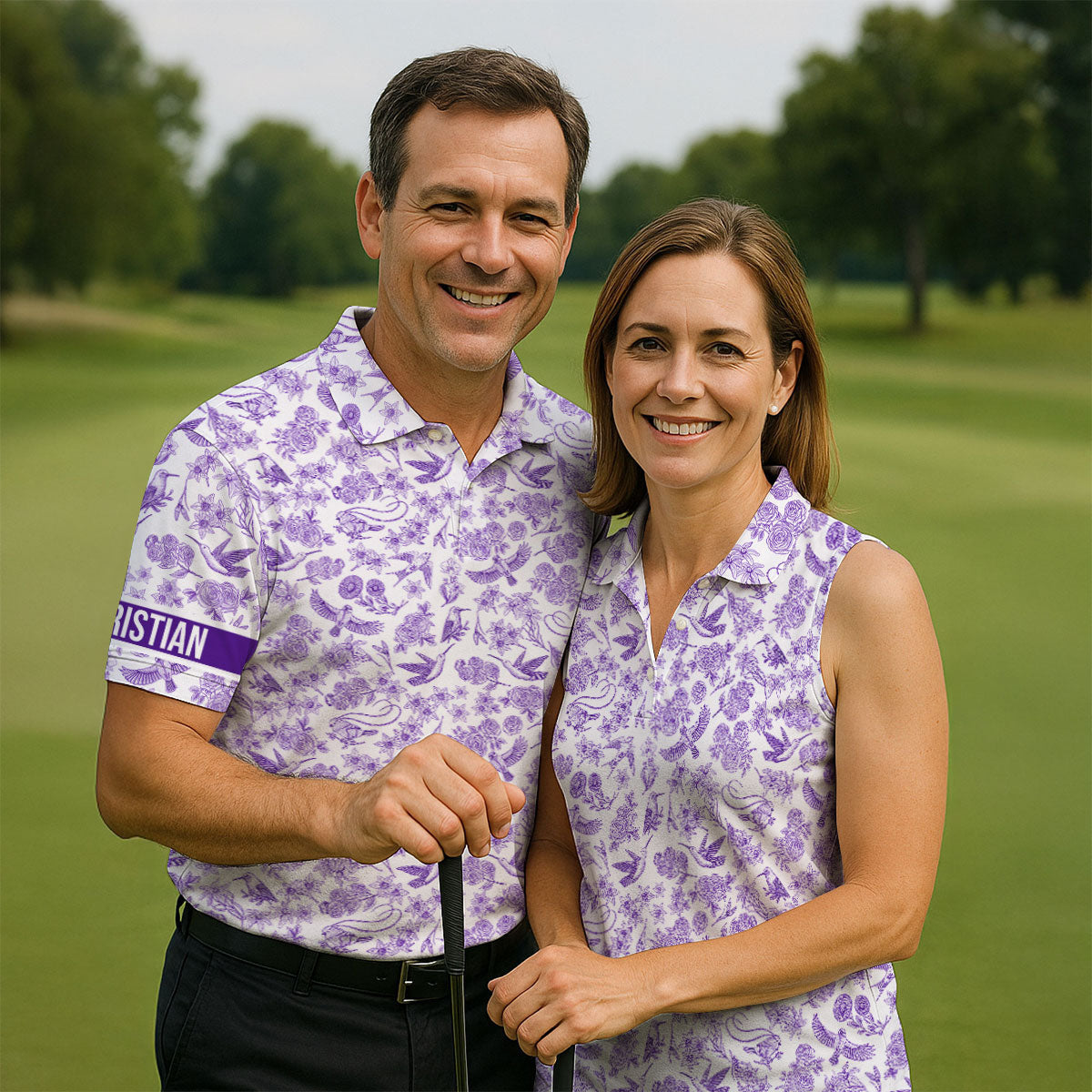 Custom Name Toile de Jouy Birds And Flowers Purple And White Polo ShirtFor Men, Golf Gift For Men