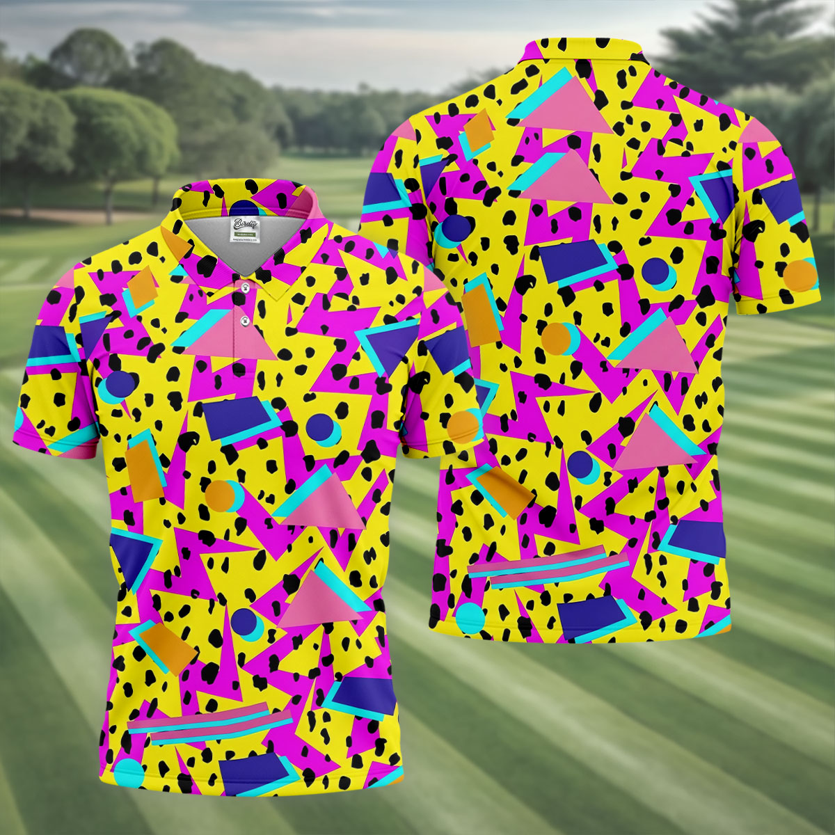 Retro Neon Geometric Shapes Yellow Golf Shirt, Golf Shirts For Men, Mens Golf Apparel, Polo Shirts For Men