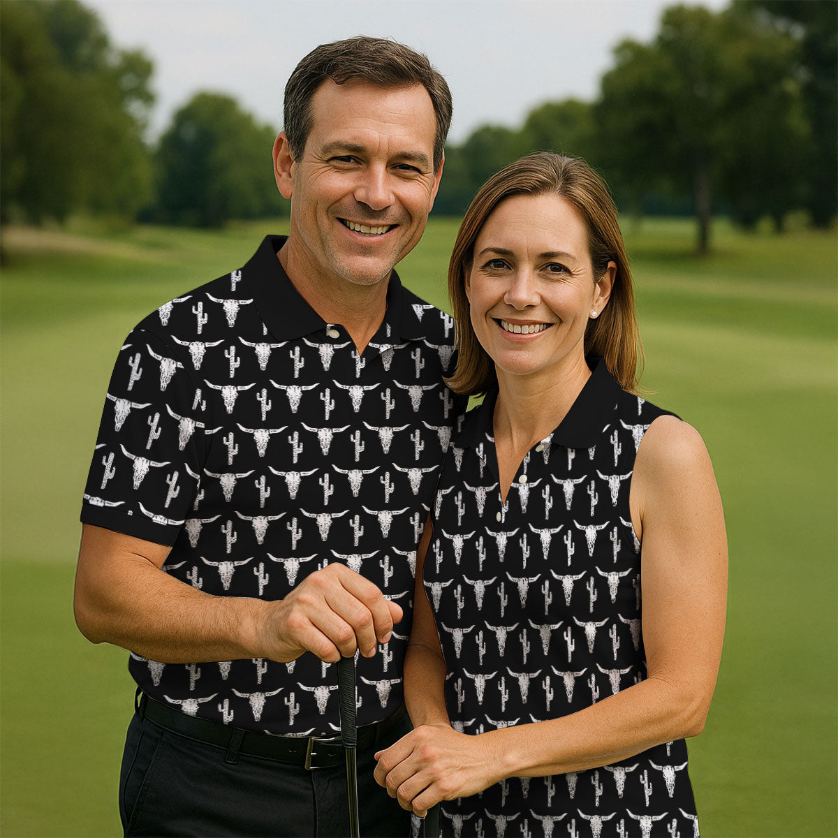 Longhorn Cow Skull Western Theme Black Golf Tops For Men, Polo Shirtor Men, Golf Shirts For Men