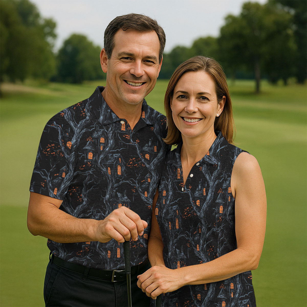 Haunted House Halloween Golf Tops For Men, Black Golf Polo ShirtGolfing Apparel, Polo For Men