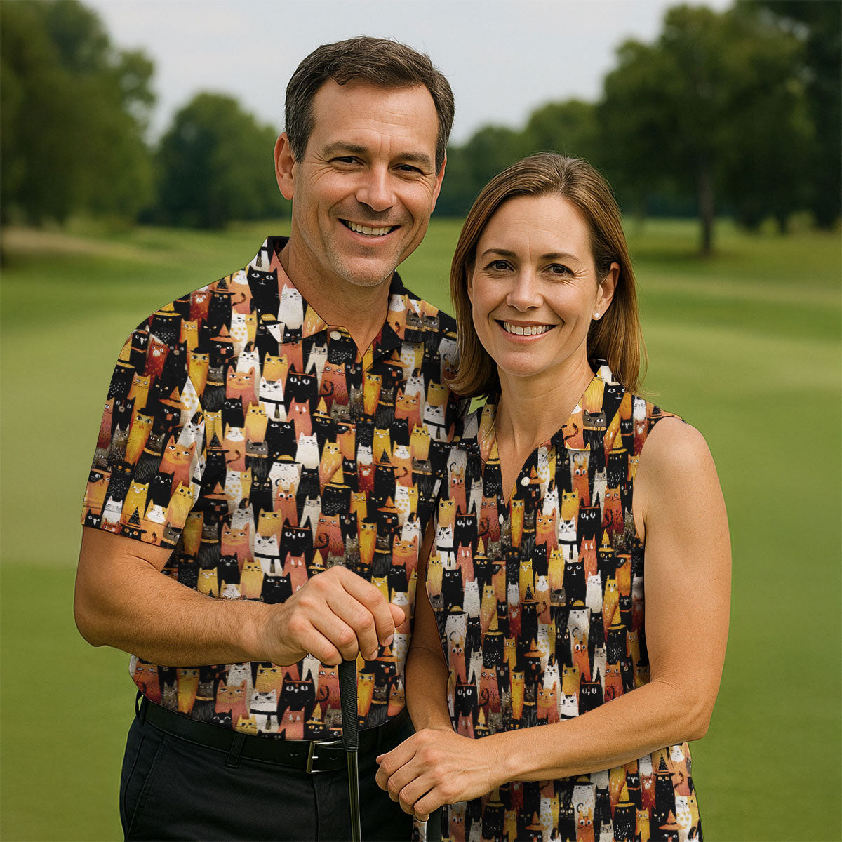 Orange Black Halloween Cat Fun Golf Shirts For Men, Cute Golf Outfit, Polo ShirtFor Men