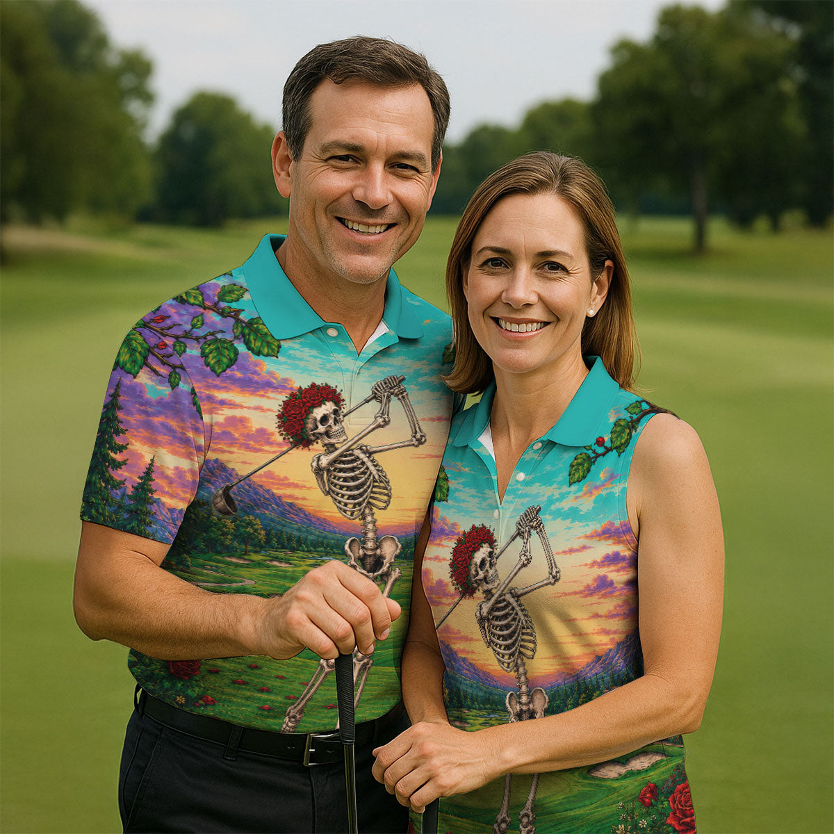 Skeleton Golfer Sunset Golf Course Shirt, Mens Golf Apparel, Halloween Golf Shirt