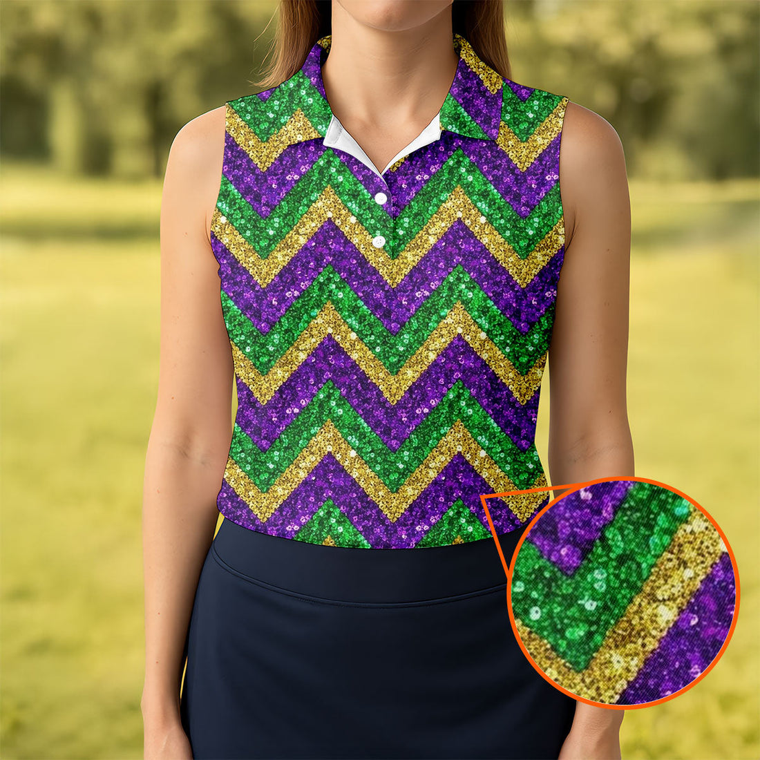 Mardi Gras Purple Gold Green Zigzag Pattern Glitter Print Women's Golf Tops, Women's Golf Shirts, Ladies Golf Polos