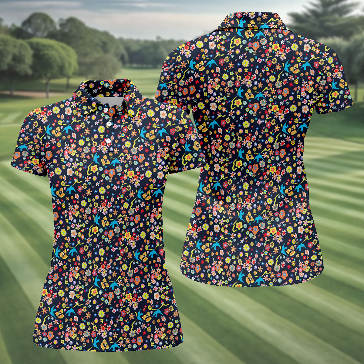 Colorful Floral Bird Garden Golf Shirt, Women’s Golf Polo, Golf Shirts For Women
