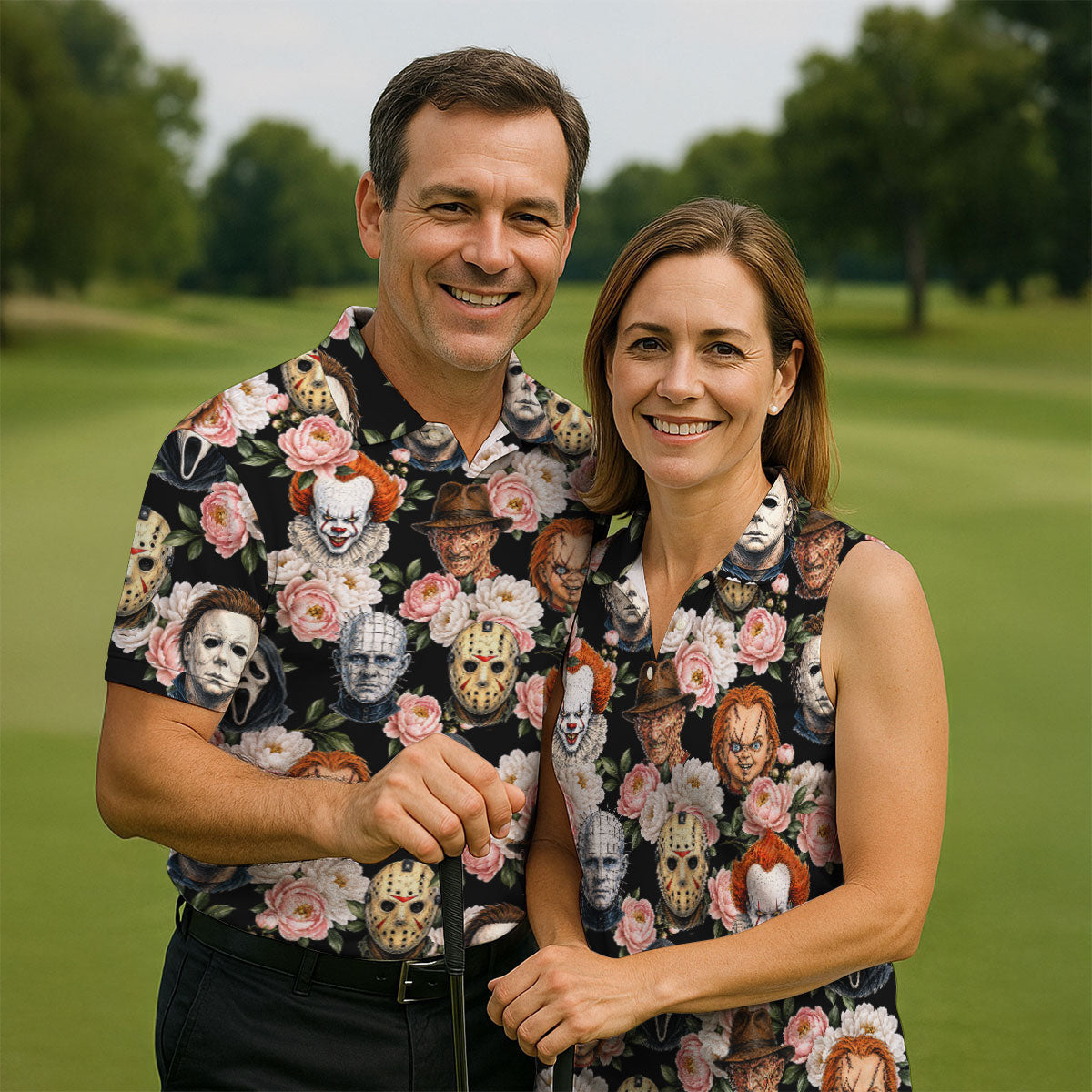 Horror Icons Floral Hawaiian Golf Shirt, Women's Golf Tops, Ladies Golf Shirts