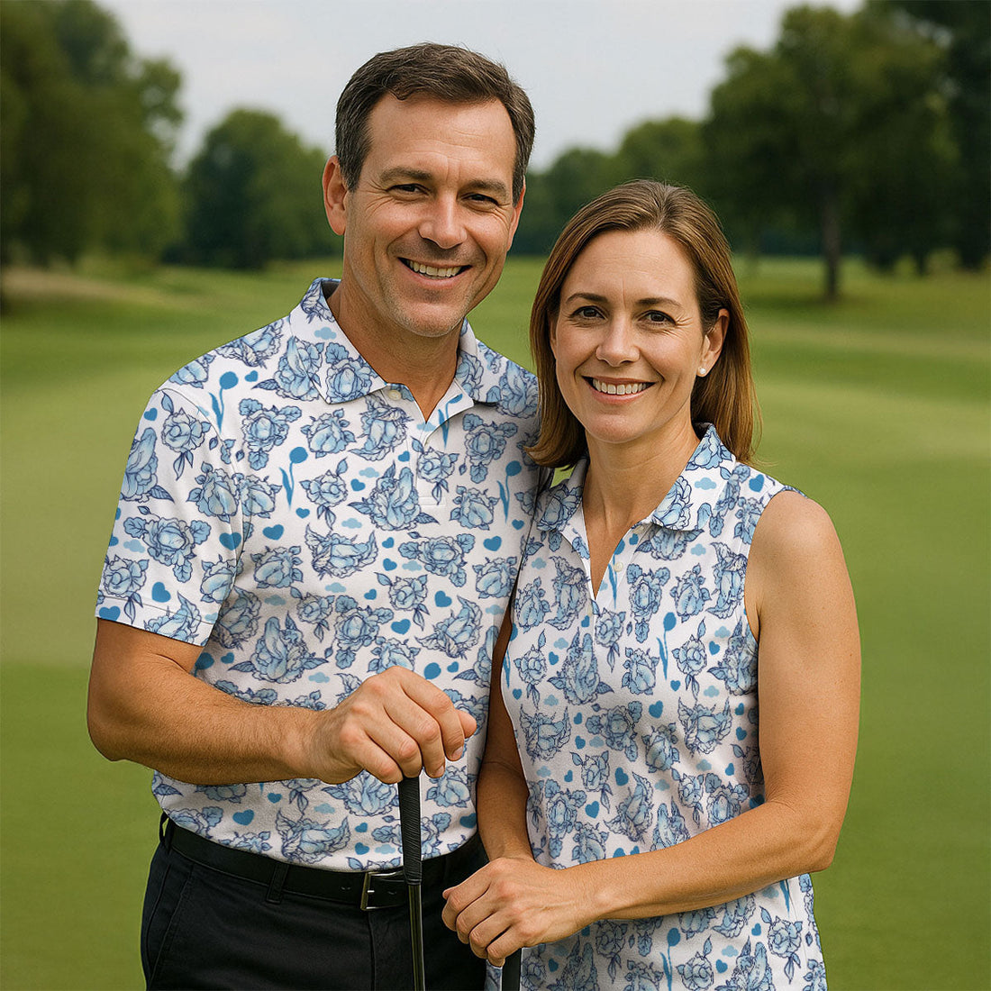 Blue Rose Floral Heart Pattern Golf Shirt, Polo Shirts For Men, Printed Golf Shirts