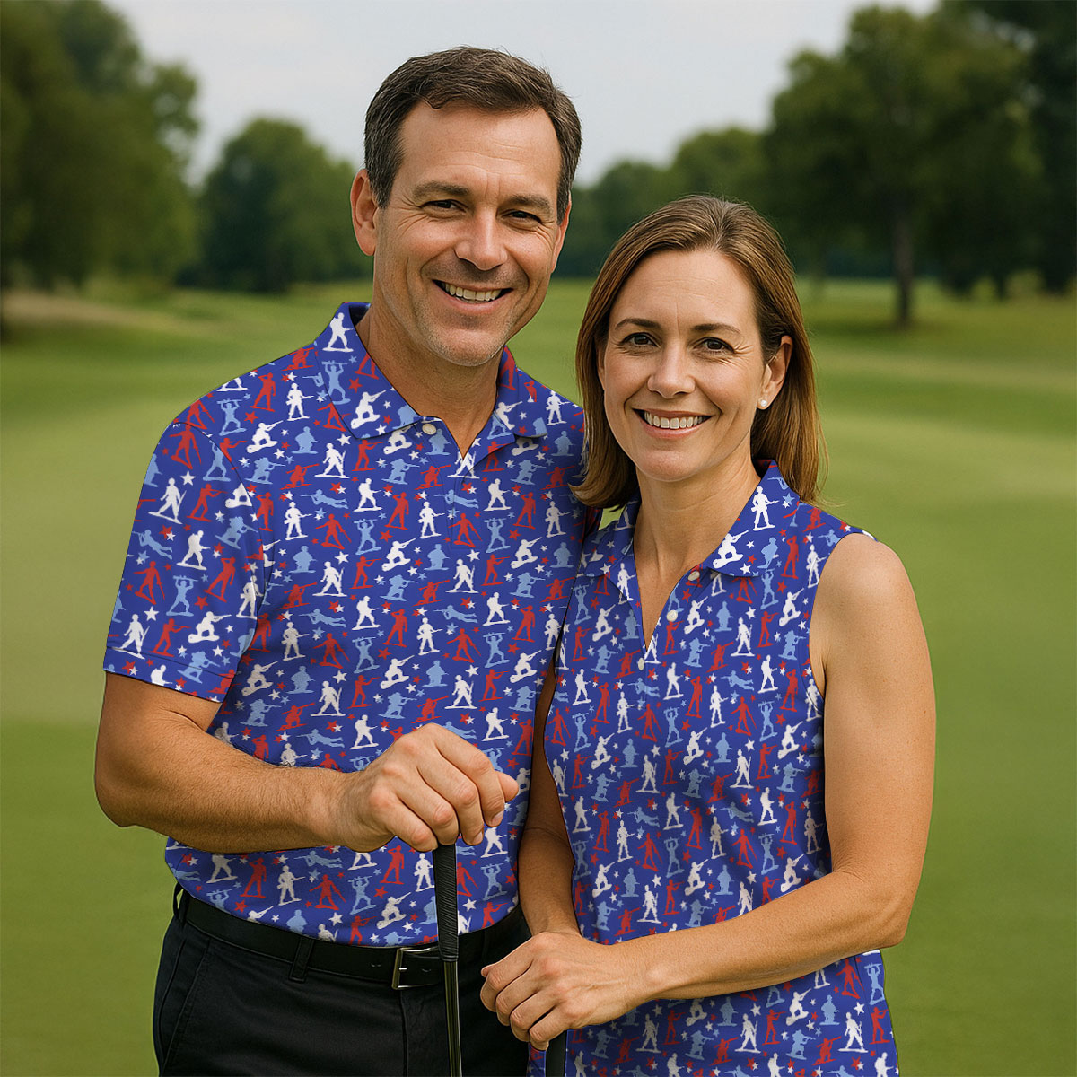Red White Blue Soldier Pose Patriotic 4th Of July Golf Shirt, 250th Anniversary Golf Shirts For Men