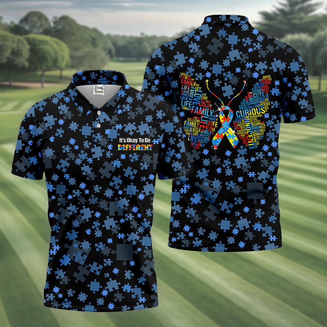It's Okay To Be Different Autism Awareness Black And Blue Puzzle Pattern Golf Tops For Men, Polo ShirtFor Men