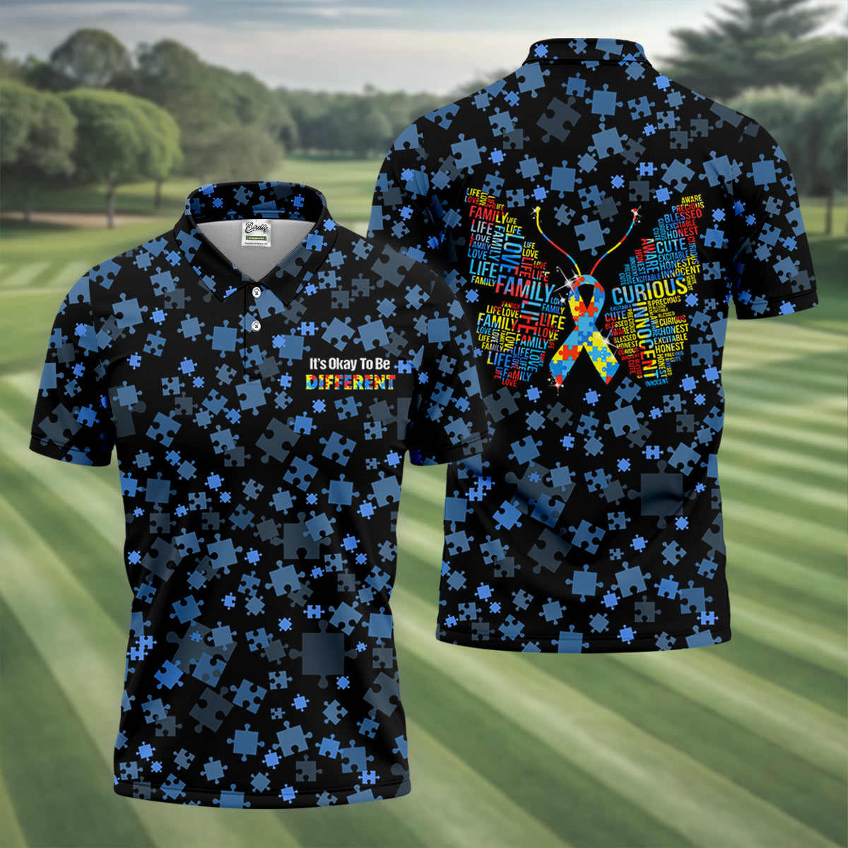 It's Okay To Be Different Autism Awareness Black And Blue Puzzle Pattern Golf Tops For Men, Polo ShirtFor Men