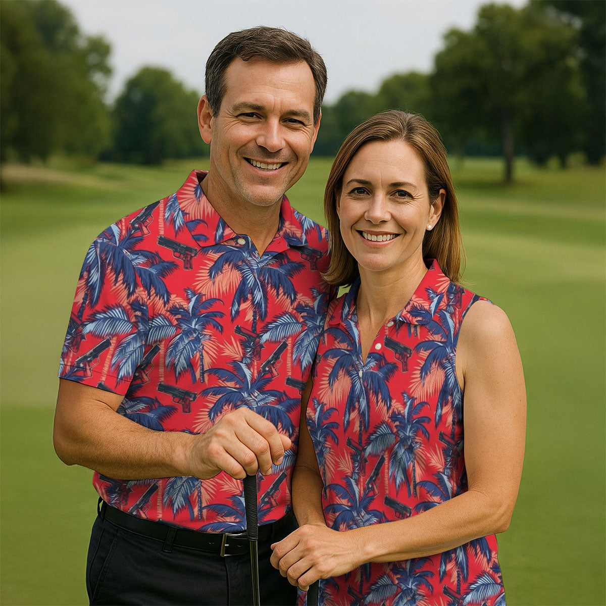 Hawaiian Palm Tree Military Theme Red Golf Shirt, Golf Shirts For Men, Polo ShirtFor Men