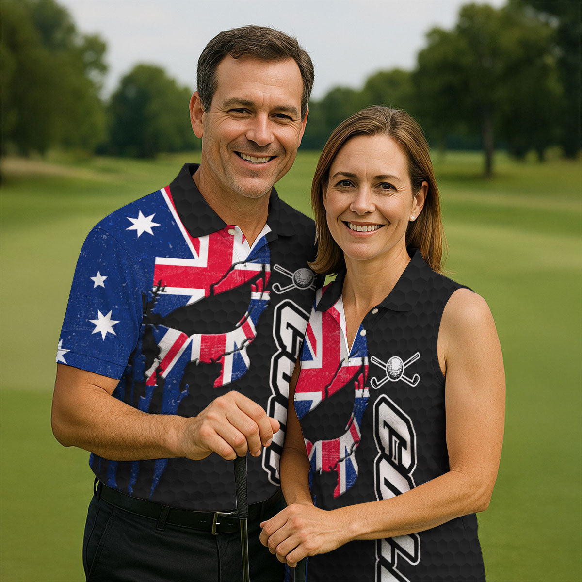 Cool Skull Golf Ball Pattern Australia Flag Print Black Golf Shirt, Polo Shirtor Men