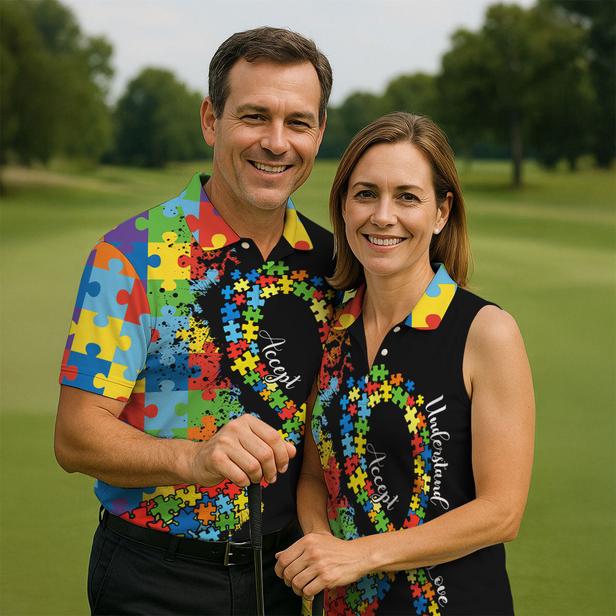 Accept Love Understand Autism Awareness Colors Autism Ribbon Golf Tops For Men, Golf Shirts For Men