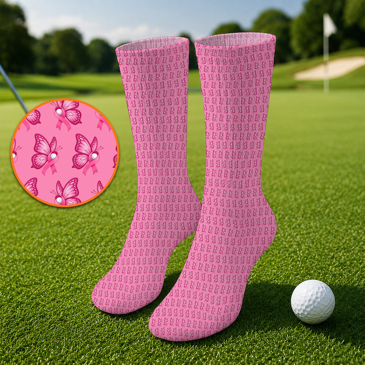 Breast Cancer Awareness Golf Socks, Pink Ribbon Butterfly Golf Sock for Golf Lovers, Support Cancer Awareness Golf Gift