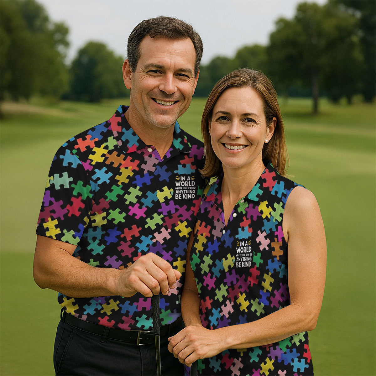 In A World Where You Can Be Anything Be Kind Autism Awareness Puzzle Pattern Men's Golf Shirt, Polo Shirt Men