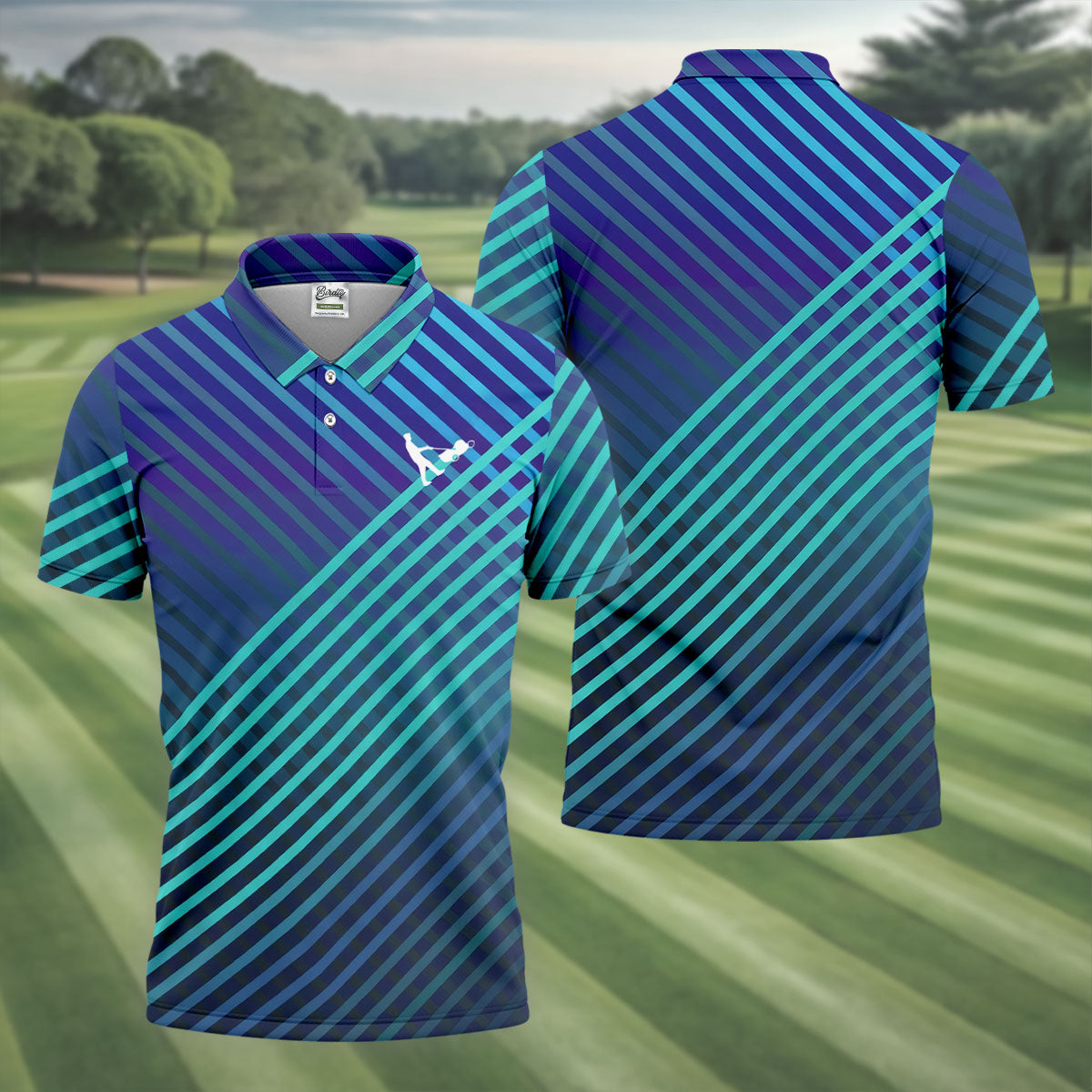 Teal And Purple Striped Pattern Golf Tops For Men, Performance Golf Shirt, Polo Shirt Men