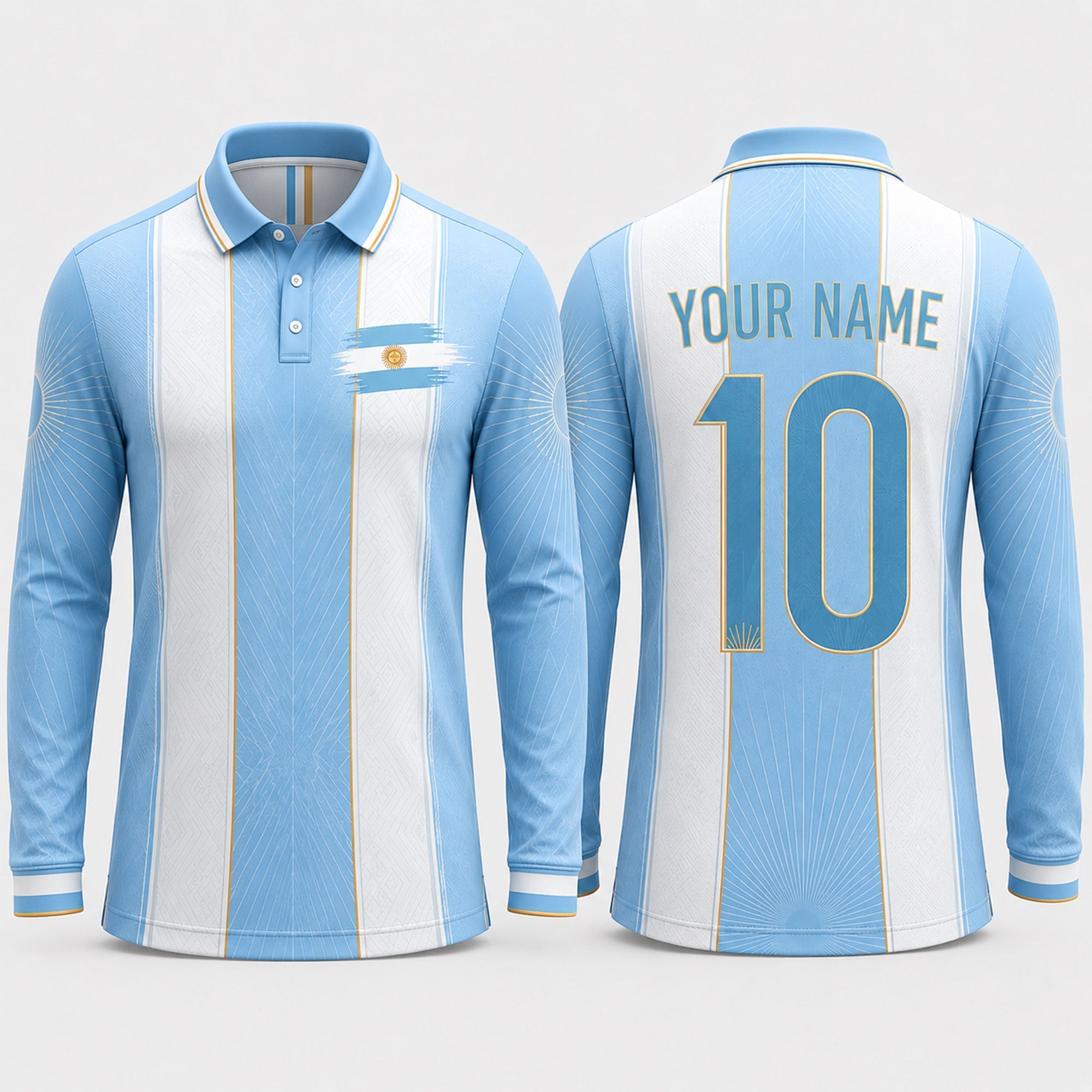 Argentinian Flag Sun Fooball Shirt, White Blue Stripes V-Neck For Men, Father's Day Presents