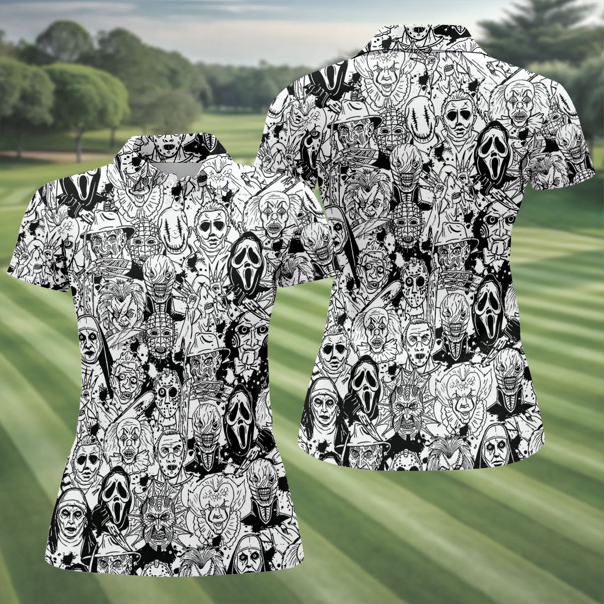 Black White Horror Character Sketch Golf Shirt, Women’s Golf Polo, Halloween Golf Shirt