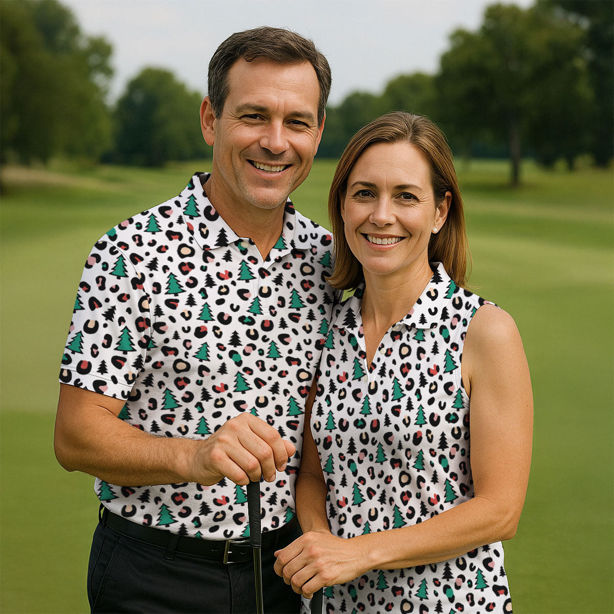Leopard Pattern Xmas Pine Tree Golf Tops For Men, Christmas Golf Shirt, Cute Golf Outfit, Polo ShirtFor Men