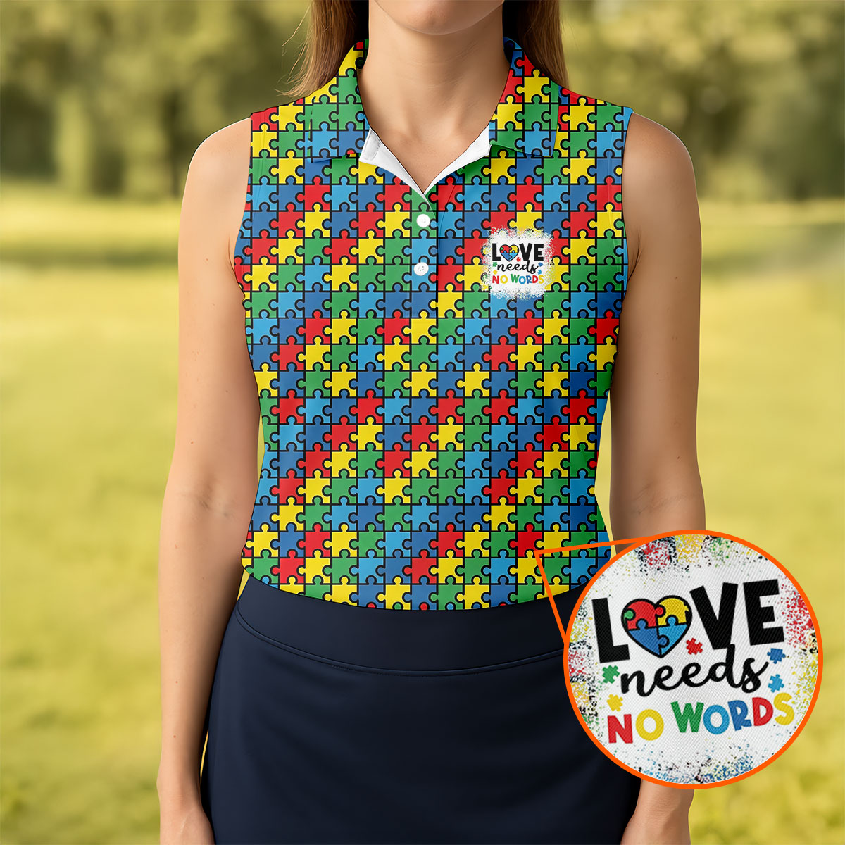 Love Needs No Words Autism Awareness Jigsaw Puzzle Pieces Golf Shirt For Women, Ladies Golf Polos