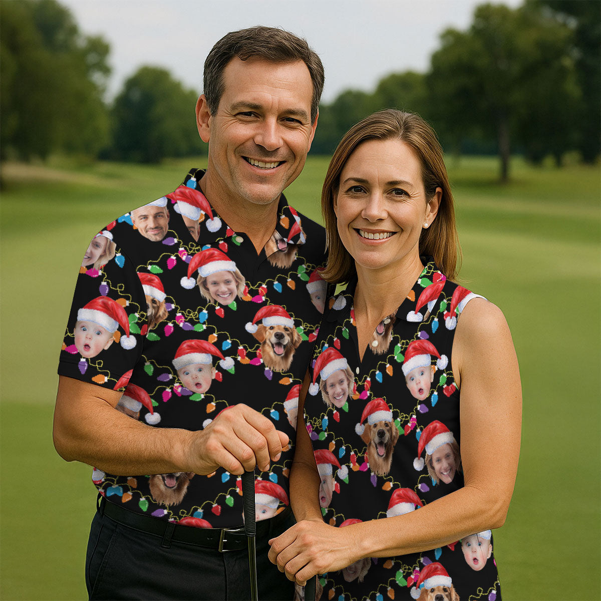 Custom Face Christmas Black Polo ShirtFunny Christmas Shirts For Family, Golf Gifts For Women