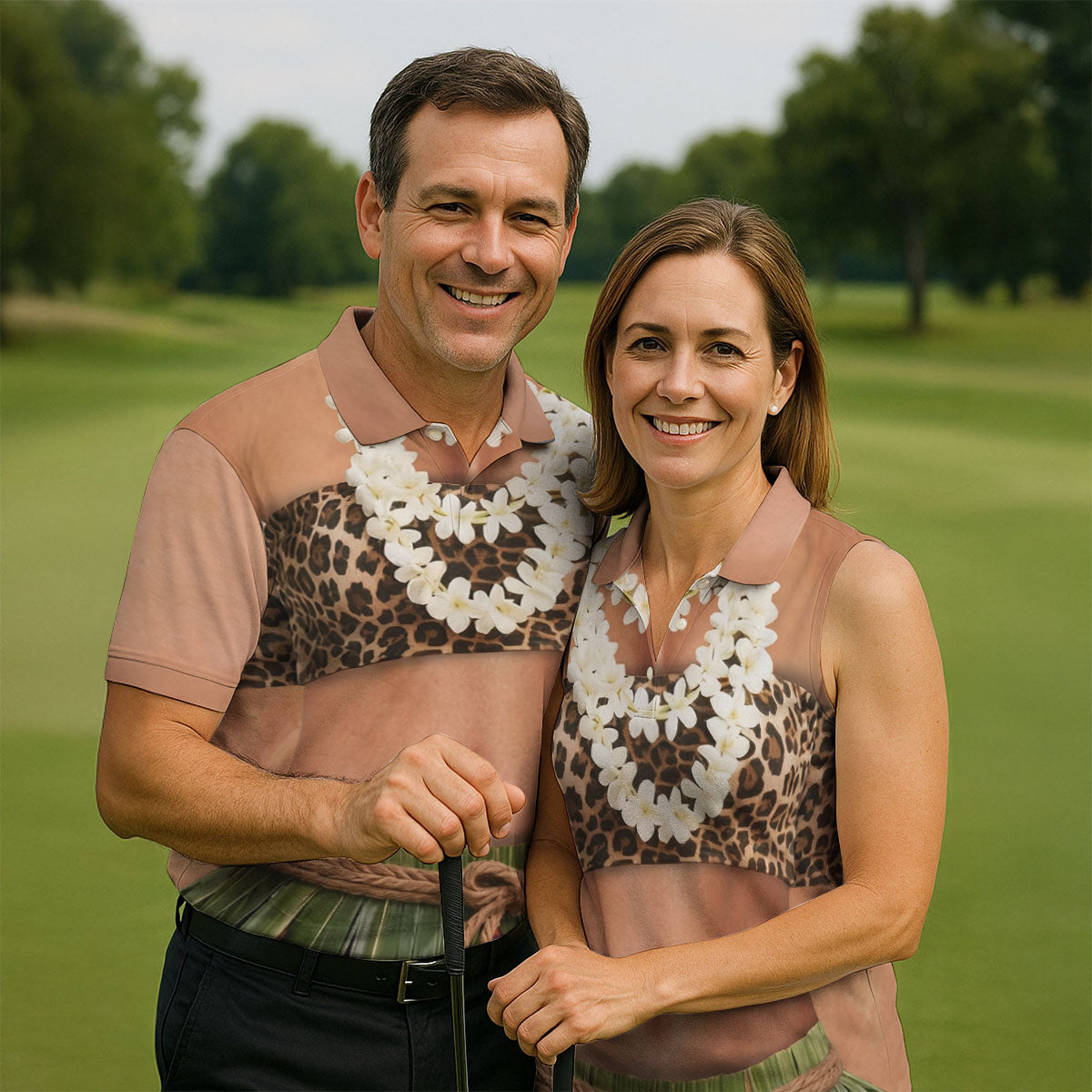 Floral Lei Tropical Theme Party Leopard Print Hawaiian Golf Shirt, Polo Shirtor Men