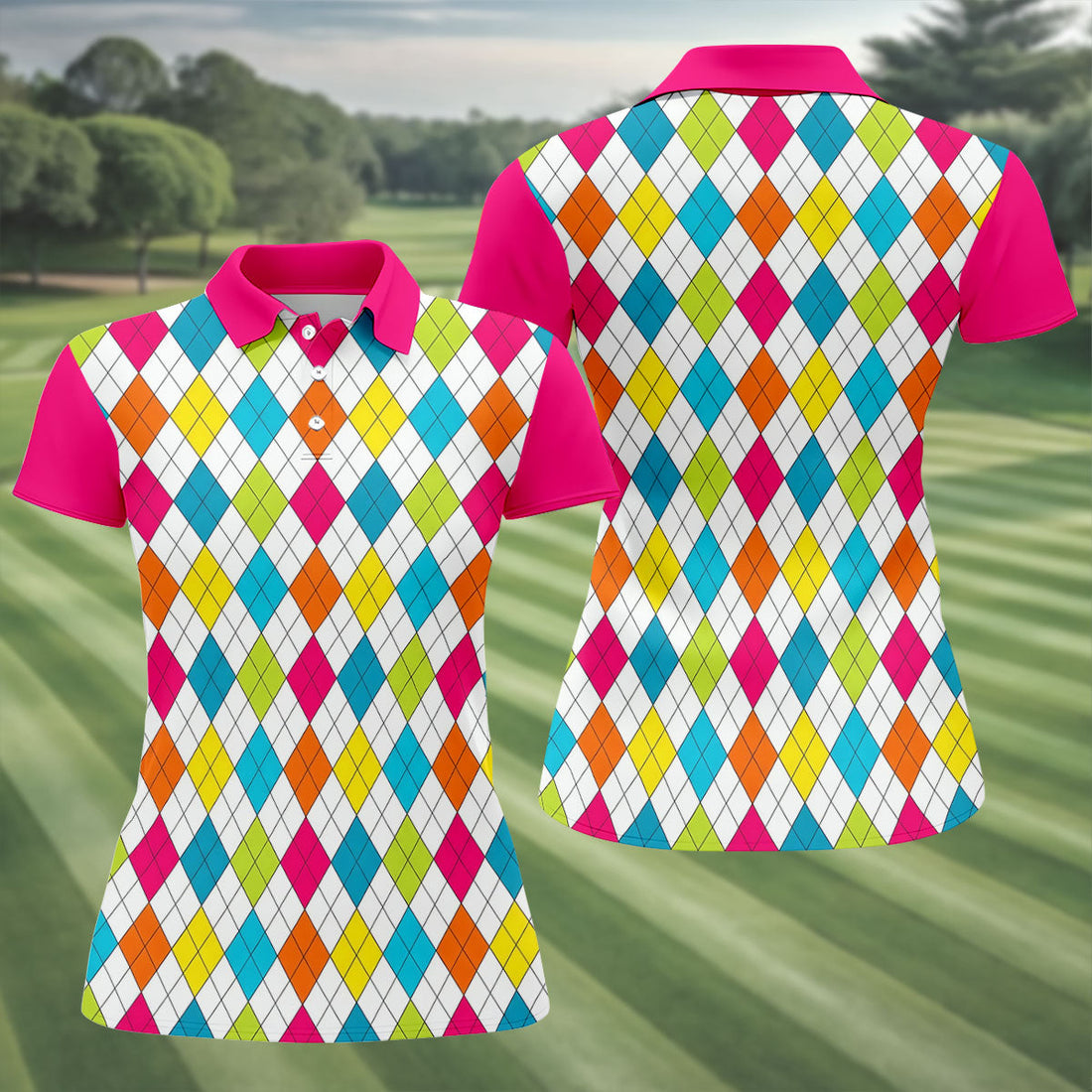Pink Sleeve Colorful Argyle Plaid Golf Shirt, Golf Polo For Women, Printed Golf Shirt