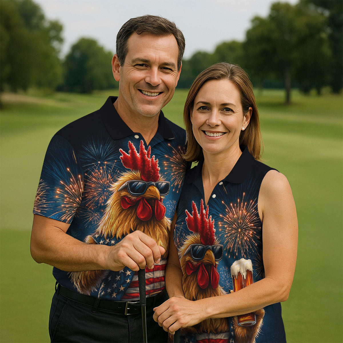 Rooster Beer USA Patriotic Hawaiian Golf Shirt, 250th Anniversary Tropical Vibe Men's Golf Shirt