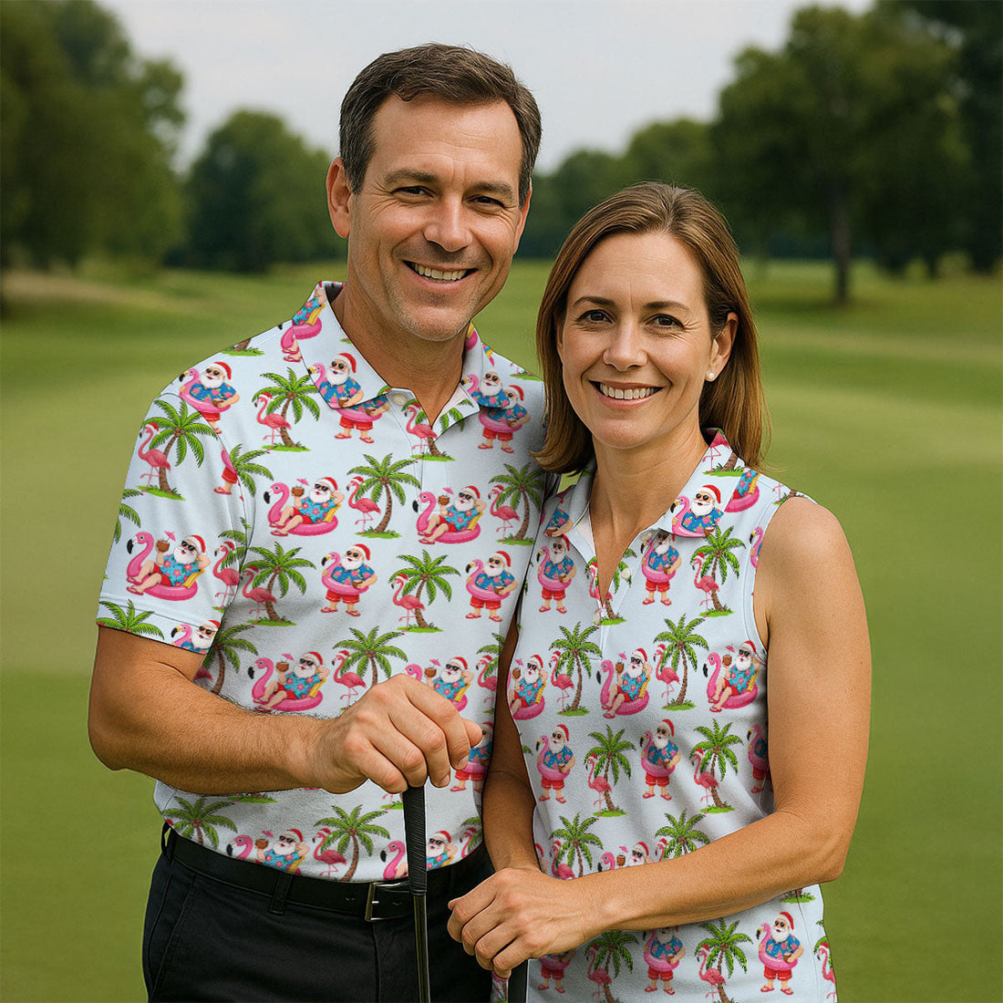 Flamingo Float Santa Christmas Golf Shirt, Men's Golf Shirt, Hawaiian Golf Shirt, Printed Golf Shirts