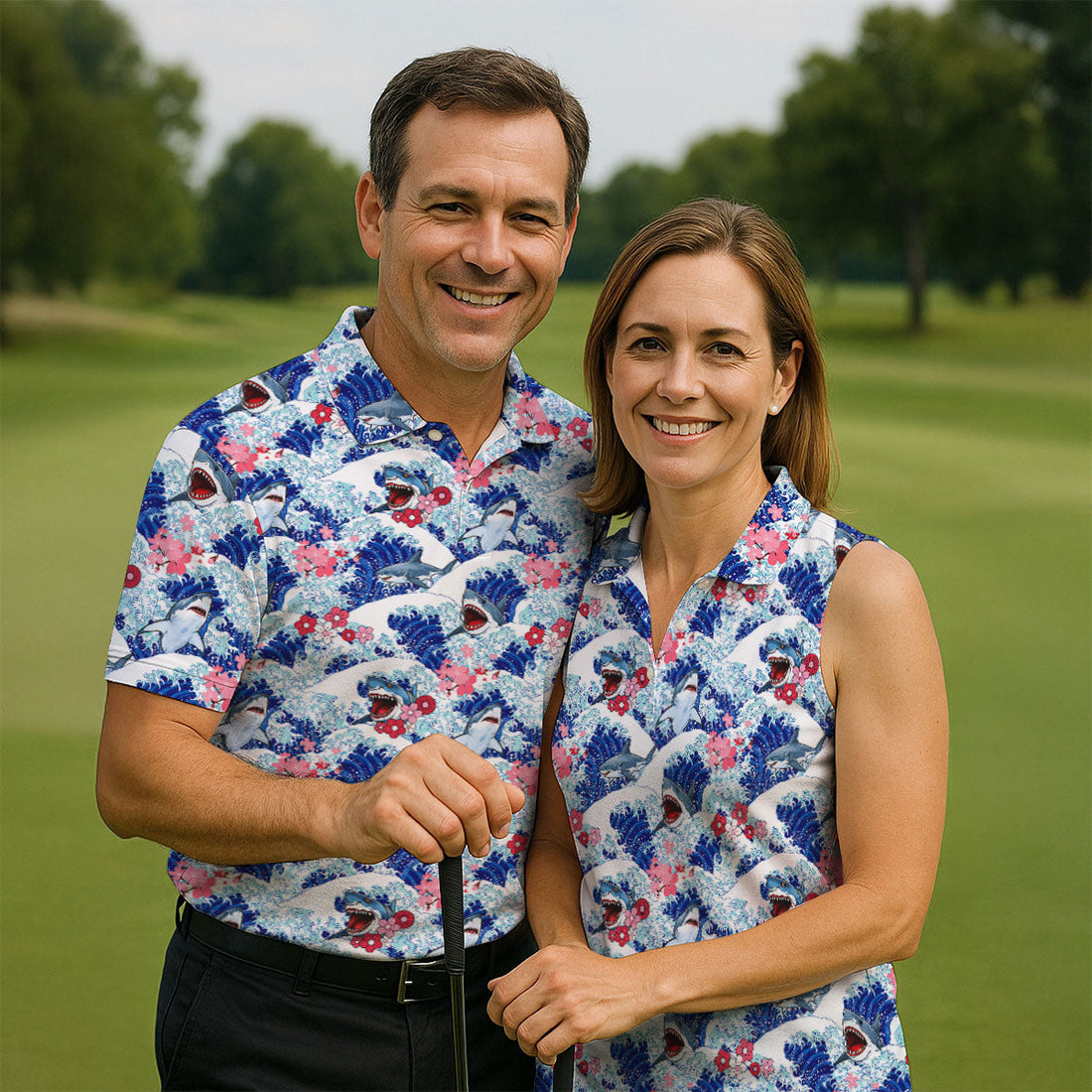 Funny Shark Japanese Wave Hawaiian Golf Shirt, Men's Golf Shirt, Polo Shirts For Men