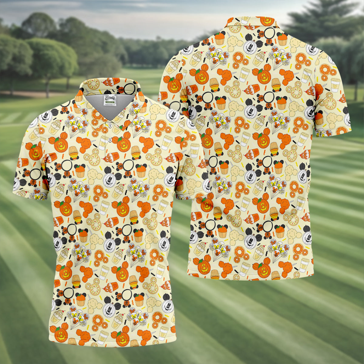 Cute Halloween Mouse Pumpkin Polo ShirtFor Men, Sweet Spooky Golf Tops For Men, Halloween Golf Shirt